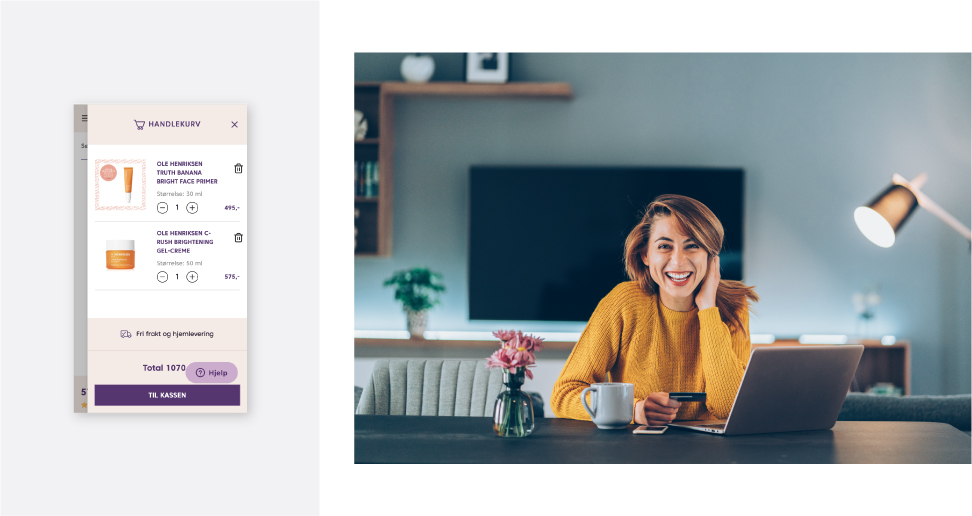 Skjermbilde av handlekurv på VITA.no og bilde av kvinne som shopper på nett