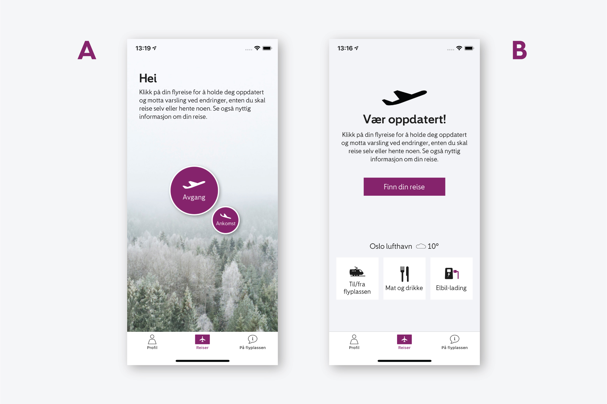 A/B-testing i Avinor-applikasjon: Versjon A og B