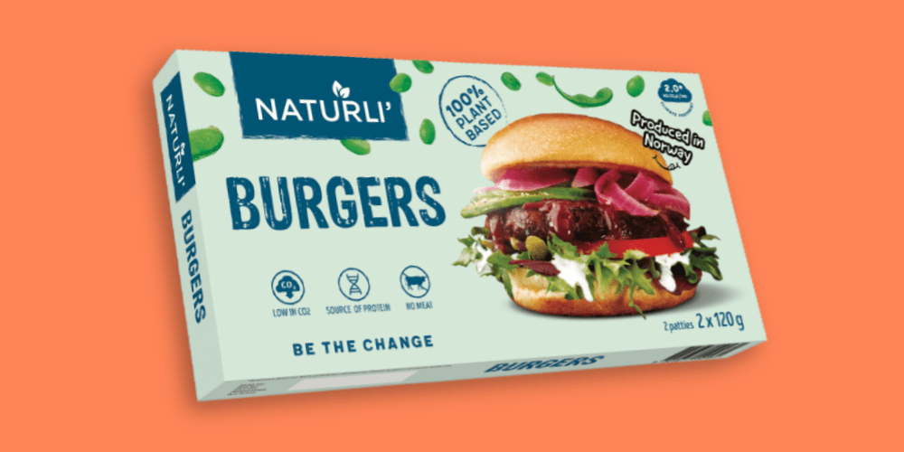Bilde av pakningsdesign for vegetarburgere. Tekst: Naturli' burgers, 100 prosent plantbased